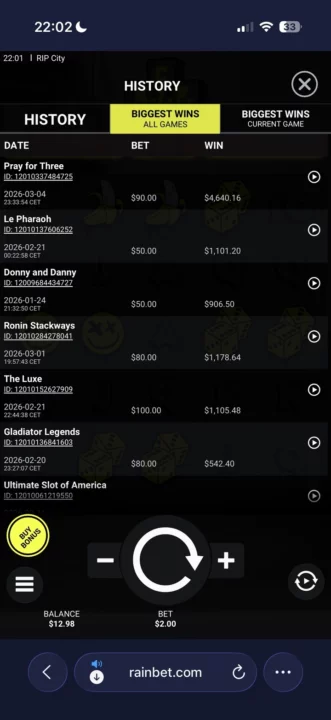 hacksaw gaming big win leaderboard screenshot on rainbet bestbonuslist.com
