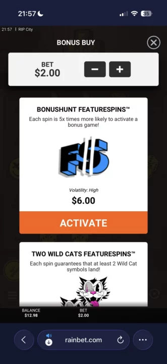 rip city bonushunt featurespins screenshot on rainbet bestbonuslist.com