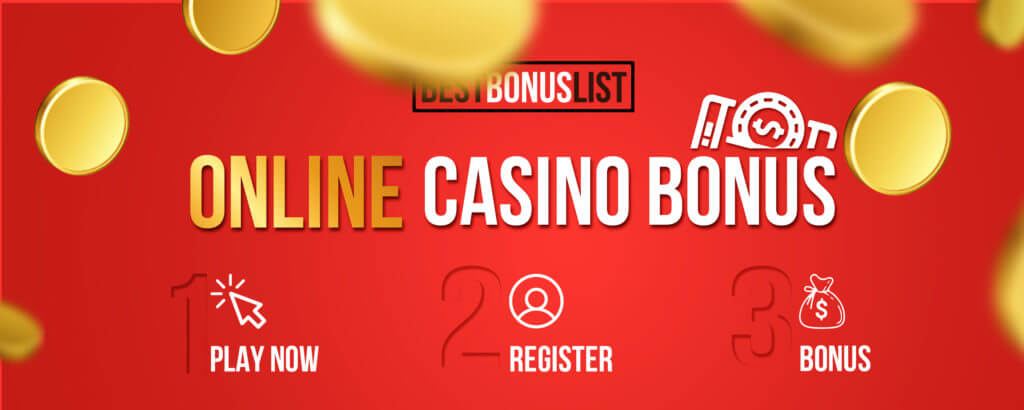 casino sign up bonus list banner with steps to get online casino deposit bonus