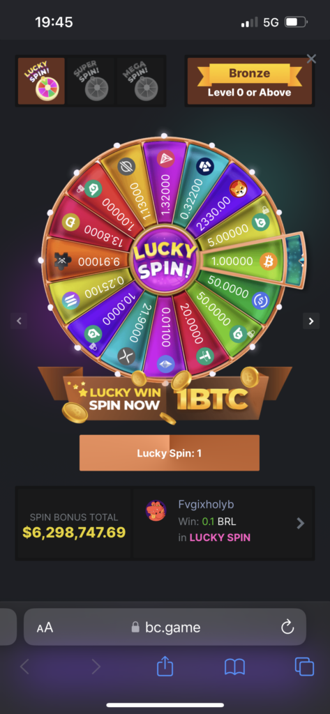 lucky spin at bc game casino