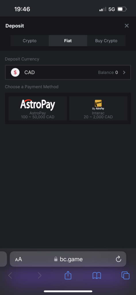 astropay and interac deposit bc game casino