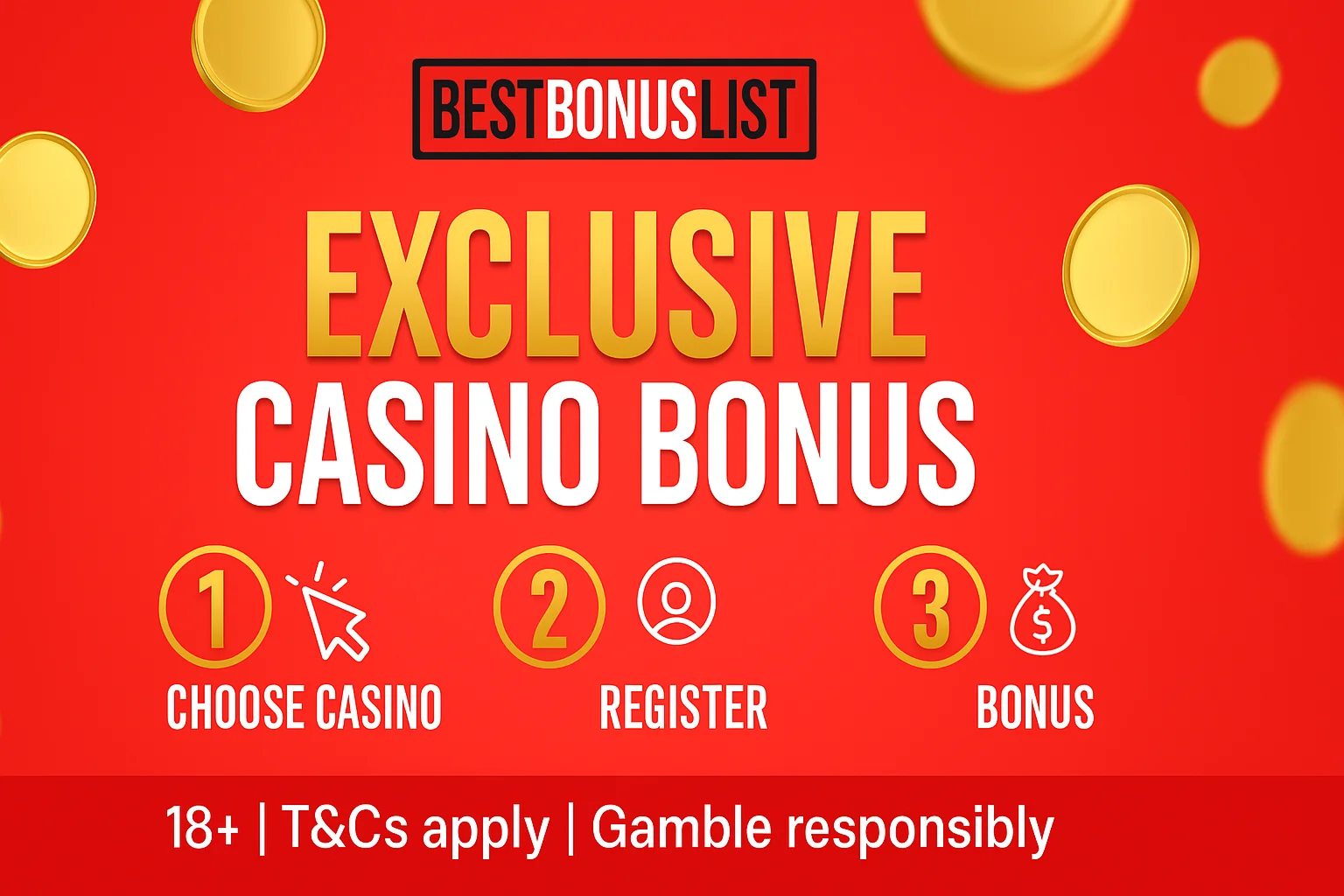 Exclusive casino bonus banner from BestBonusList showcasing no deposit and signup bonuses for real money games like slots, blackjack, roulette, crash and live casino.