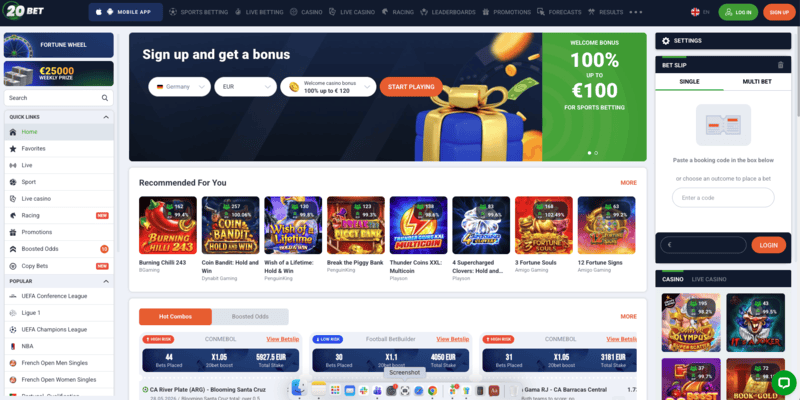 20Bet No Deposit Bonus 20 Free Spins casino screenshot