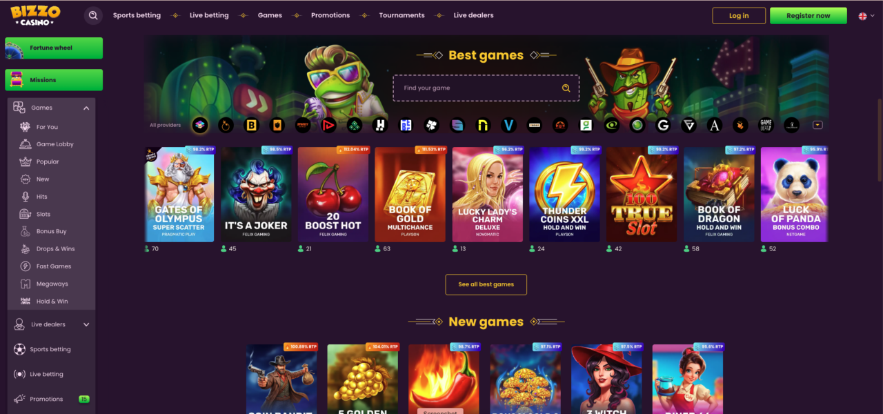 Bizzo No Deposit Bonus 20 Free Spins casino screenshot